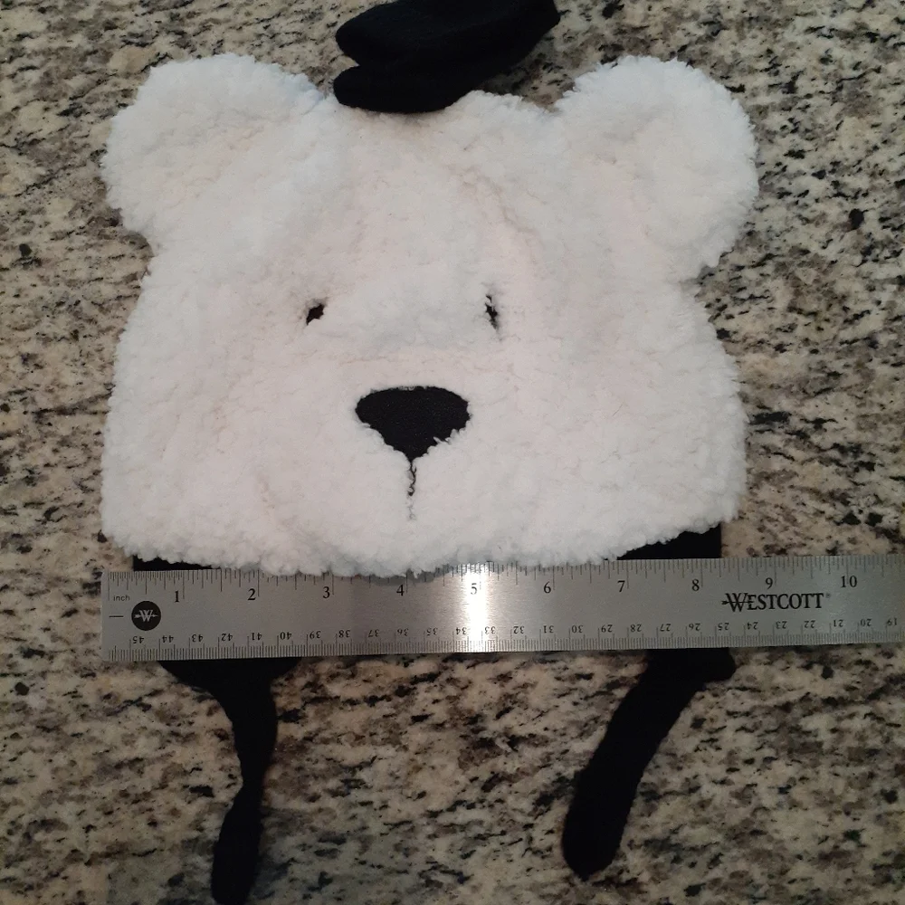 Black & White Furry Bear Ear Flap Hat & Mittens Set NWOT OS Infant
